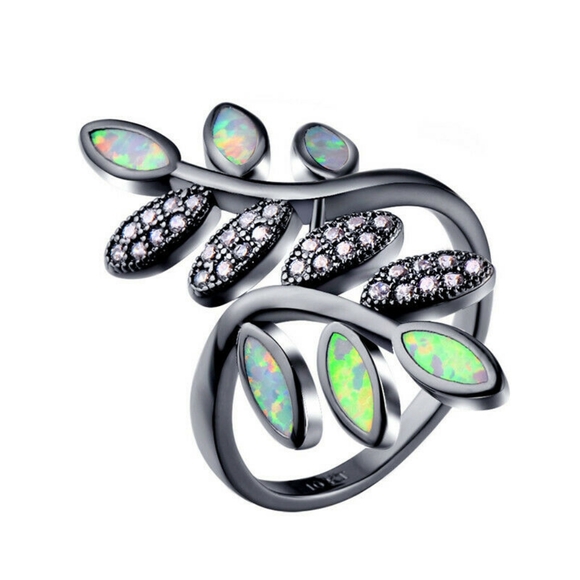 Black Gold Filled White Opal Leaf Ring - Picture 3 of 5